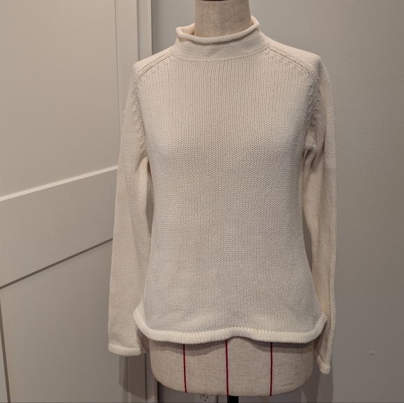 LL Bean Sweater Women Size XS Mock Turtleneck Cotton Ivory Fishermans Roll - Picture 1 of 5